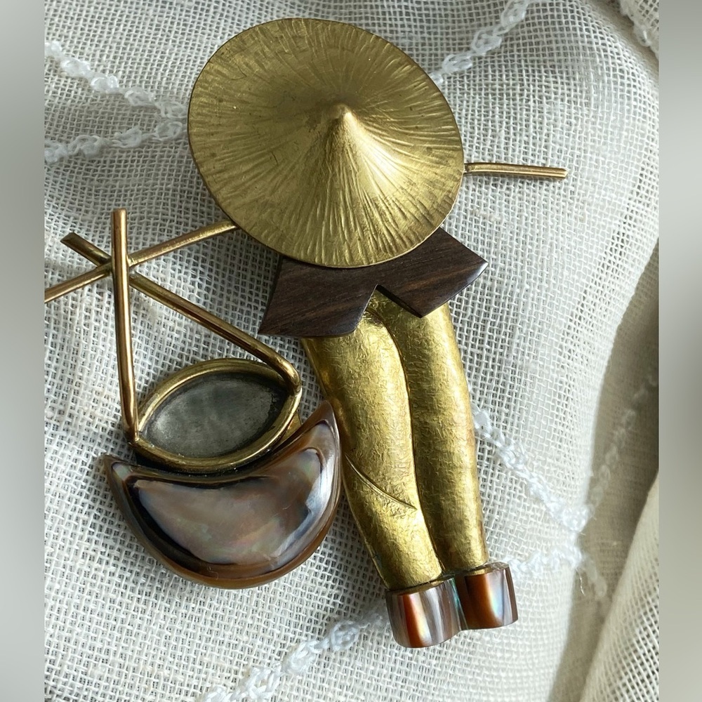 Fabrice Paris France Brooch avant-garde Asian Figure Large Hat Mother of Pearl